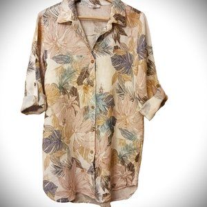 100% LINEN Tropical Summer Boho Breezy Cool long shirt adjust sleeves Sz L